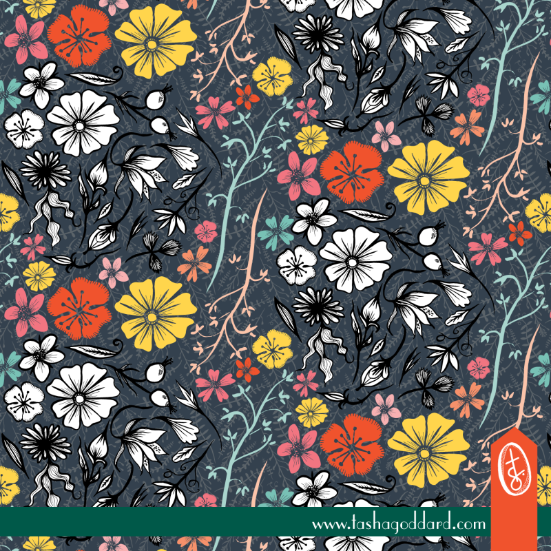 Inked Flowers on Grey Blue | © Tasha Goddard 2015 | www.tashagoddard.com