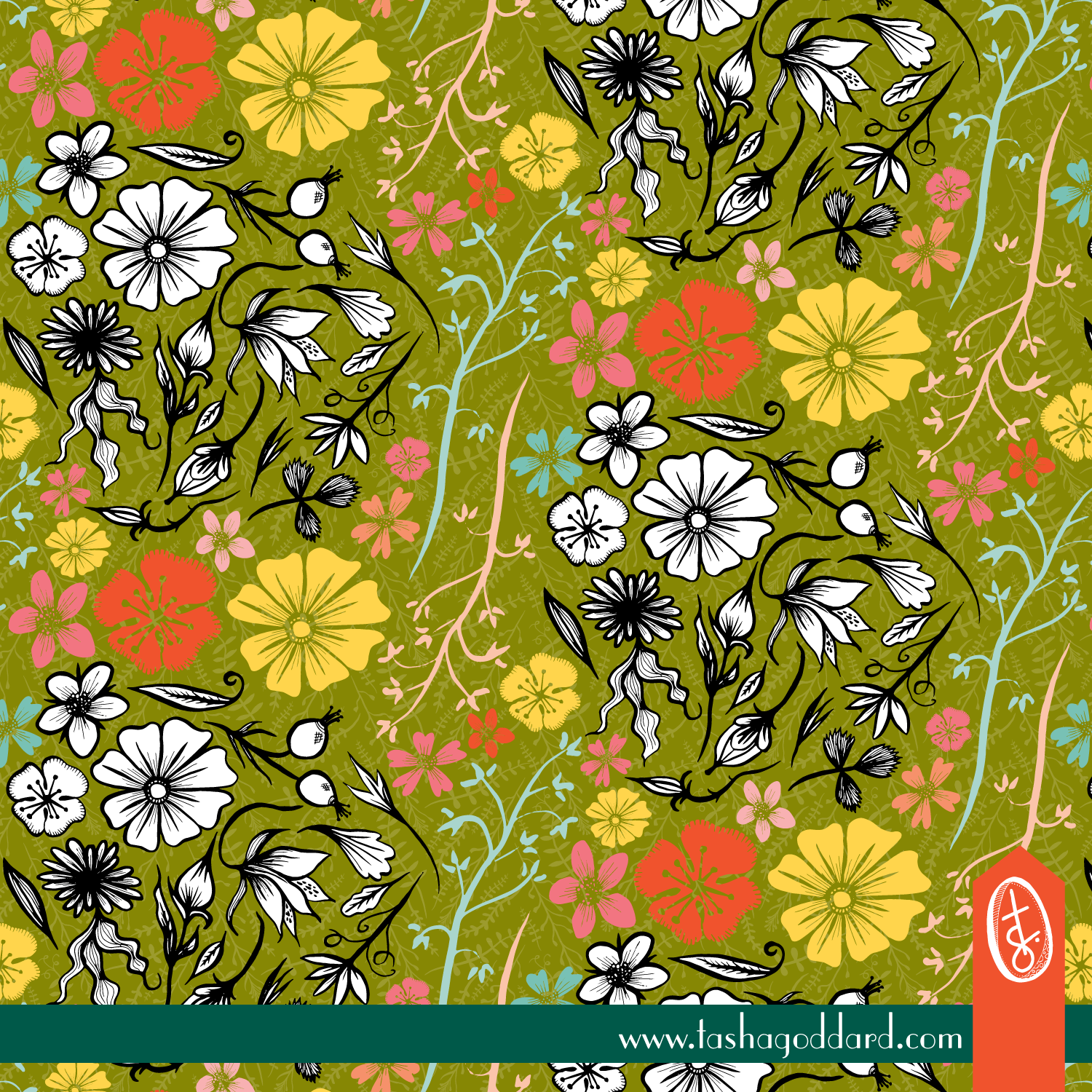 Inked Flowers on Olive Green | © Tasha Goddard 2015 | www.tashagoddard.com